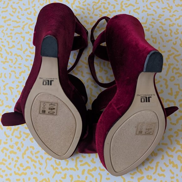 JLo Garnet Red Velvet and Taffeta Bow Platform Wedges 6 - Picture 4 of 5